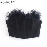 Yidouxian Feather Corset Top Women Elegant Tube Top Chic Lady Fashion Crop Tops with Black Feathers Clubwear Party Prom Clothing