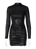 yidouxian Sleeve Pu Faux Leather Bodycon Mini Dress Women Solid Sexy Black Party Club Tight Short Dresses 2023Autumn Winter Clothes