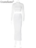 yidouxian Piece Sets Midi Dresses 2023 Spring Women Long Sleeve Crop Tops High Waist Bodycon Long Skirts Suits Sexy Club Outfits Wihte