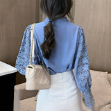 Yidouxian Lace Shirts For Women New Korean Hollow Out White Blouse Tops Female Stand Collar Long Sleeve Blouses Women Casual 12948
