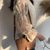 Yidouxian Embroidered Lace Women's Shirt Flare Sleeve Crochet Floral Blouse Casual Fashion Elegant Chiffon Shirt Spring New 13499