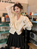 Yidouxian Cardigan Women Ruffle Lace Patchwork Shirt Knitted Cardigan Korean Casual Ladies Tops Coat Woman Sweter 2023 New Fashion