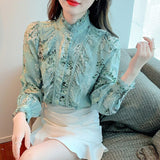 Yidouxian Printed Elegant Blouse Women 2023 Fashion Long Sleeve Ruffle Lace Shirt Women Stand Collar Vintage Lady Blouses Top 18757