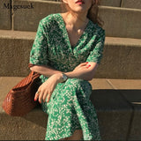 Yidouxian Retro Elegant Long Dress Women Summer Short Sleeve Loose Green Floral Dress Female V-neck High Waist Dresses Vestido 14542