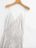 Yidouxian TRAF Summer V-neck Satin Spaghetti Strap Dress Women Backless Sexy Sleeveless Bodycon Party Dress Female Dresses