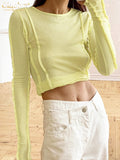 Yidouxian Bodycon White O-Neck Women'S T-Shirt 2023 Elegant Yellow Long Sleeve Fall Tee Shirt Casual Slim Elastic Solid Top Female
