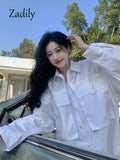 yidouxian 2023 Spring Korea Style Full Sleeve Women Long White Shirt Oversize Button Up Pocket Ladies Blouse Casual Female Clothing