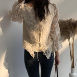 Yidouxian Embroidered Lace Women's Shirt Flare Sleeve Crochet Floral Blouse Casual Fashion Elegant Chiffon Shirt Spring New 13499