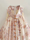 Yidouxian TRAF Women Printed Dress 2023 Summer Resort Style Belted Bow Decoration Halter Sleeveless Dress