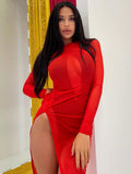 Yidouxian Women O-neck Long Sleeve Hollow Out Bodycon High Slit Long Dress Streetwear Sexy See Through Mesh Evening Party Club Red Dresses