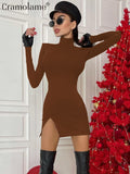 yidouxian Sleeve Bodycon Split Mini Dress Women Sexy Party Club Evening Tight Short Dresses 2023 Autumn Winter Black Red Brown Khaki