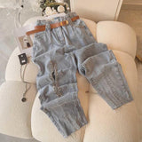yidouxian Women Autumn Design Sense Heavy Bead Nail Bead Hollowed Out Baggy Denim Straight Pants Personality High Waist Jeans Feamle