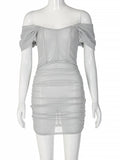 yidouxian Shoulder Short Sleeve Backless Bodycon Mesh Black Mini Dress Women Sexy Party Evening Prom Dresses 2023 Summer Club Outfits
