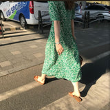 Yidouxian Retro Elegant Long Dress Women Summer Short Sleeve Loose Green Floral Dress Female V-neck High Waist Dresses Vestido 14542