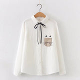 Yidouxian New Women 2 Layer Cotton Yarn White Shirts Cartoon Embroidery Turn Down Collar Pocket Full Sleeve Loose Blouse T36320JC