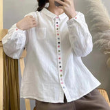 Yidouxian 2023 New Women Cotton White Shirts Multi Buttons Full Sleeve Pockets Loose Blouse Casual Basic Tops Spring T36304JC