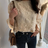 Yidouxian Embroidered Lace Women's Shirt Flare Sleeve Crochet Floral Blouse Casual Fashion Elegant Chiffon Shirt Spring New 13499