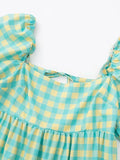 Yidouxian ZBZA 2023 Plaid Print Ruffle Lace Up Square Neck Checked Dress Short Sleeve Tie Up Strap Gingham Midi Dress Women 202305