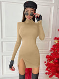 yidouxian Sleeve Bodycon Split Mini Dress Women Sexy Party Club Evening Tight Short Dresses 2023 Autumn Winter Black Red Brown Khaki