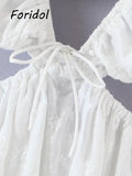 yidouxian Up Embriodery White Lace Dress Women Hollow Out Beach Summer Dress Puff Sleeve Backless Ruched Mini Dress Vestidos