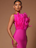 Yidouxian Fashion Women Sexy Strapless Backless Brown Hot Pink Feather Bodycon Bandage Dress 2023 Elegant Evening Club Party Dress