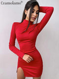 yidouxian Sleeve Bodycon Split Mini Dress Women Sexy Party Club Evening Tight Short Dresses 2023 Autumn Winter Black Red Brown Khaki