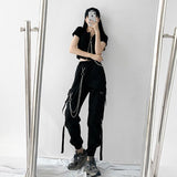 Yidouxian Spring Summer Cargo Women's Pants Punk Black Female Joggers Streetwear Harem Ankle-Length Trousers with chain