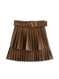 Yidouxian ZBZA Women 2023 Pu Leather Mini Skirt with Belt Women High Waist Pleated Skirts womens Casual Streetwear Party 202309