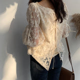 Yidouxian Embroidered Lace Women's Shirt Flare Sleeve Crochet Floral Blouse Casual Fashion Elegant Chiffon Shirt Spring New 13499