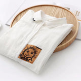 Yidouxian New Women 2 Layer Cotton Yarn White Shirts Cartoon Embroidery Turn Down Collar Pocket Full Sleeve Loose Blouse T36320JC