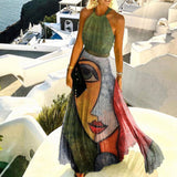 Yidouxian Women Sleeveless Pleated Maxi Dresses Summer Halter O Neck Long Dress Boho Printed Beach Sundress Party Dress Robe De Plage