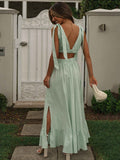 yidouxian Beach Boho Summer Midi Dress Matching Sets Women Green Backless Lace Up Dresses Sundress Vintage French Style Dress