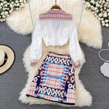 Yidouxian 2023 Fashion Runway Summer Skirt Suit Women's Horse Geometry Print Blouse And A Line Pocket Buttons Skirt 2 Two Piece Sets