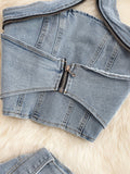 Yidouxian Women Summer Denim Jeans Halter Tops Mini Shorts Skirt Outfits Suits Backless Sashes Chic Style Bodycon High Waist Vestidos 921