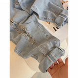 yidouxian Women Autumn Design Sense Heavy Bead Nail Bead Hollowed Out Baggy Denim Straight Pants Personality High Waist Jeans Feamle
