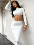 yidouxian Piece Sets Midi Dresses 2023 Spring Women Long Sleeve Crop Tops High Waist Bodycon Long Skirts Suits Sexy Club Outfits Wihte