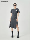 yidouxian Women&#39;s High Street Short Sleeve O-neck Heart Print Mid Long Dresses 2023 Summer Causal High Waist A-Line Grey Slit Dress