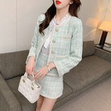Yidouxian 2 Piece Sets Women Korean Vintage Temperament Elegant Long Sleeve Button Tweed Short Jacket High Waist Bodycon Skirt Suit