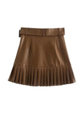 Yidouxian ZBZA Women 2023 Pu Leather Mini Skirt with Belt Women High Waist Pleated Skirts womens Casual Streetwear Party 202309