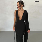 yidouxian Elegant Bandage Lace Up Maxi Dress V-Neck Backless Raglan Sleeve Fashion Ladies Gown Ruched Dresses Party Club Prom 2023