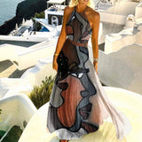 Yidouxian Women Sleeveless Pleated Maxi Dresses Summer Halter O Neck Long Dress Boho Printed Beach Sundress Party Dress Robe De Plage