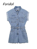 yidouxian V Neck Button Up Casual Denim Rompers Overalls Women Blue Rompers Playsuits Short Sleeve Spring Summer Outfit 2023