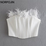 Yidouxian Feather Corset Top Women Elegant Tube Top Chic Lady Fashion Crop Tops with Black Feathers Clubwear Party Prom Clothing