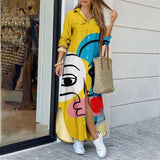 Yidouxian Women Graffiti Print Long Shirt Dresses Casual Turn-down Collar Face Print Maxi Dress Ladies Autumn Long Sleeve Loose Dress