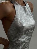 Yidouxian Sexy Sliver Pu Leather Women'S Dress 2023 Bodycon O-Neck Sleeveless Mini Dress Female Fashion Slim Party Club Dresses