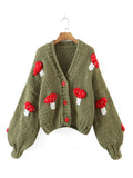 Yidouxian Autumn Winter Sweet Cute Handmade Mushroom Sweater Women Loose V-Neck Casual Short Knit Cardigan Jacket Female Coat