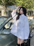 yidouxian 2023 Spring Korea Style Full Sleeve Women Long White Shirt Oversize Button Up Pocket Ladies Blouse Casual Female Clothing