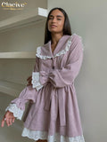 Yidouxian Fashion Loose Gray Dresses For Women Casual Doll Collar Long Sleeve Mini Dress Elegant Lace-up Patchwork Female Dress