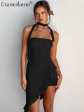 yidouxian Halter Backless Bandage Bodycon Mini Dress Women Party Club Evening Beach Irregular Pink Dresses 2023 Summer Black Outfits
