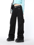 yidouxian American Style Cargo Pants Jeans Pockets Women Autumn Winter Vintage Straight High Waist Goth Pants Streetwear Feamle